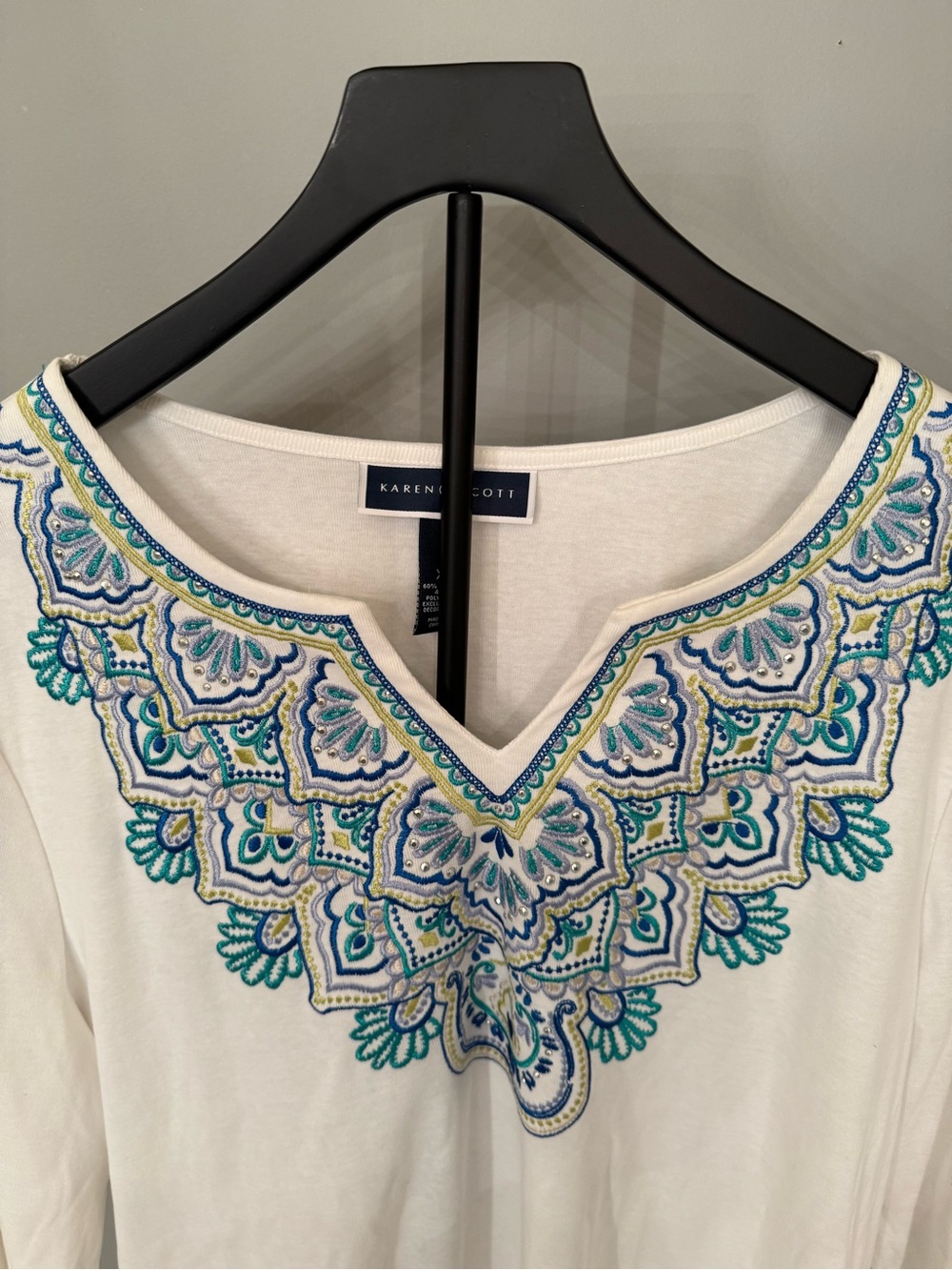 Karen Scott White Embroidered V-Neck Tunic with Blue & Green Accents